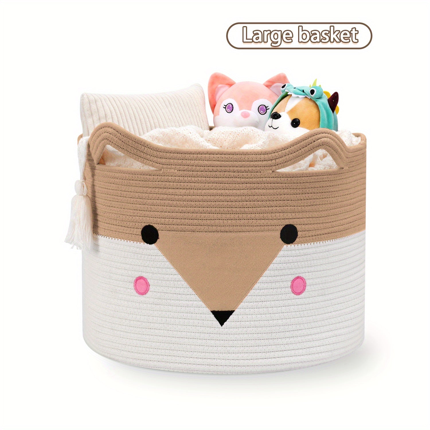 Fox Basket, Woven Storage Basket,Nursery Hamper with Handles, Orange Animal Storage Baskets for Nursery, Organizer, Cat Dog Toy Storage, Shelf Baskets