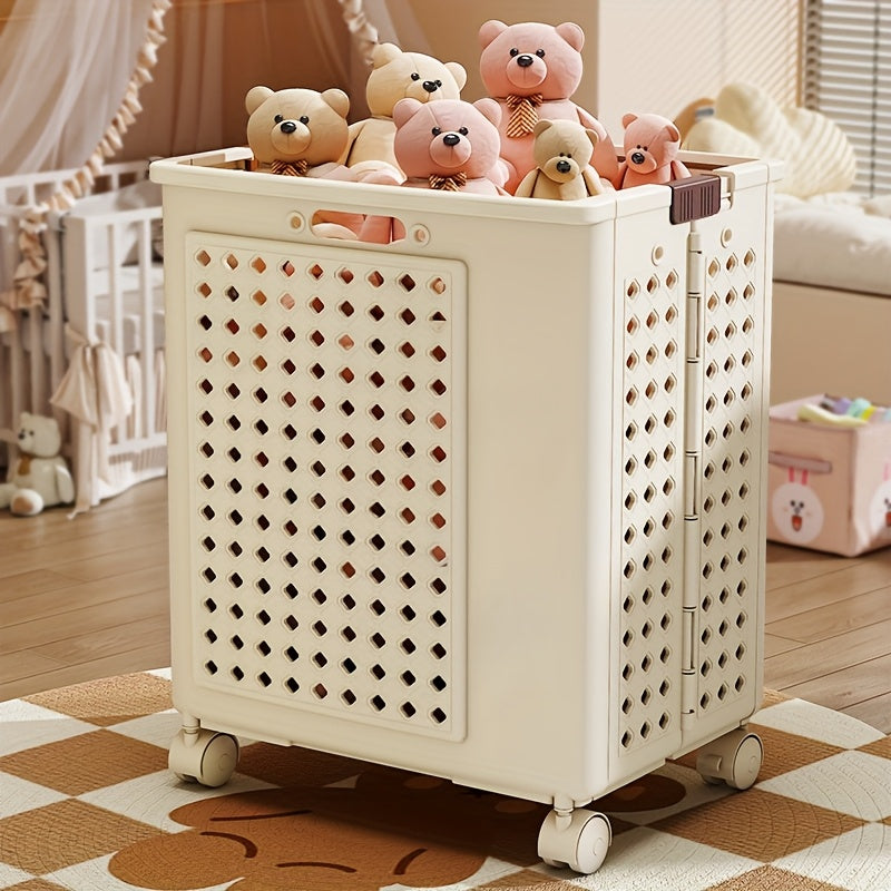 1pc Large Capacity Foldable Storage Basket - Removable Storage Basket, Multifunctional Home Bathroom Laundry Basket - with Wheels for Easy Movement, Home Organizing Storage Basket, Suitable for Living Room Organizing, Bathroom, White