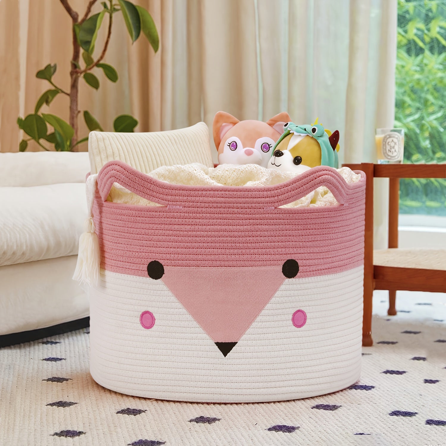 Fox Basket, Woven Storage Basket,Nursery Hamper with Handles, Orange Animal Storage Baskets for Nursery, Organizer, Cat Dog Toy Storage, Shelf Baskets