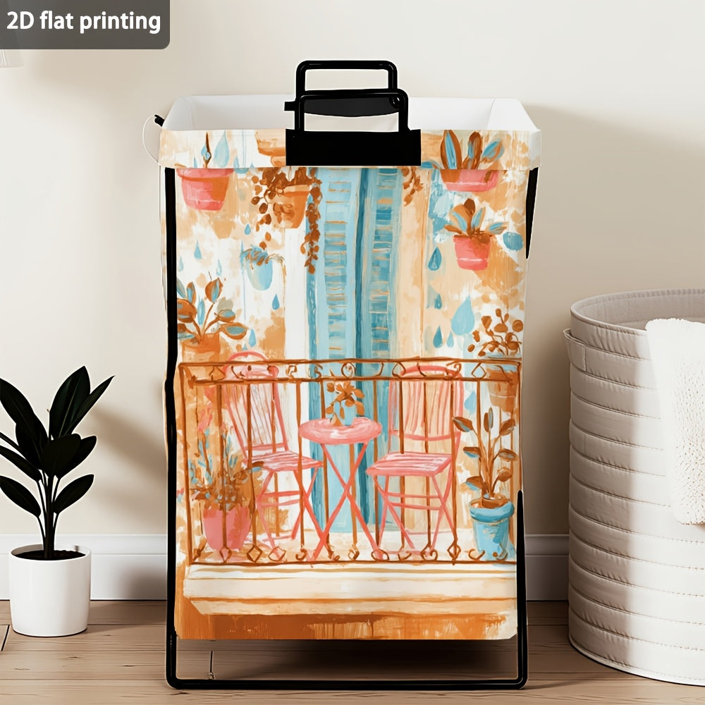 1pc Pink Iron Art Storage Basket | Foldable Laundry Hamper with Plant and Chair Pattern