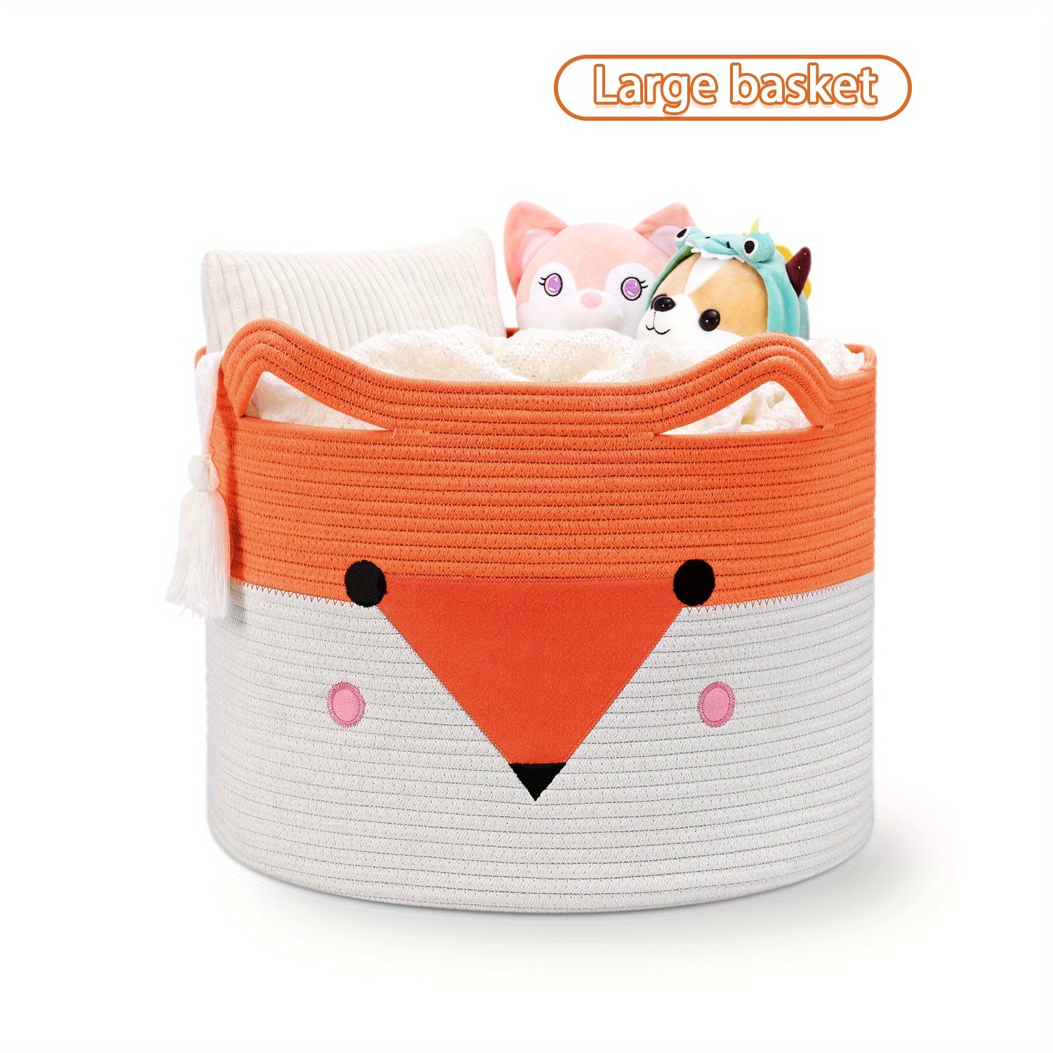 Fox Basket, Woven Storage Basket,Nursery Hamper with Handles, Orange Animal Storage Baskets for Nursery, Organizer, Cat Dog Toy Storage, Shelf Baskets