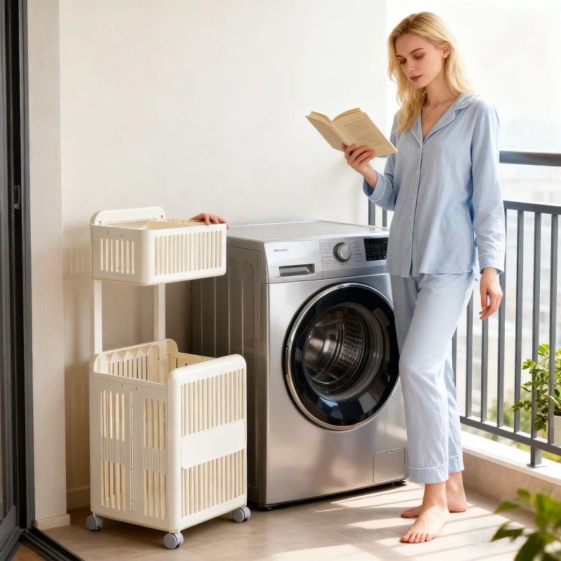 Multi-Purpose 3-Tier Foldable Storage Basket with Smooth Rolling Wheels, Durable Plastic Material for Bathroom, Kitchen & Bedroom Use – Space-Saving Design, Shelf Baskets