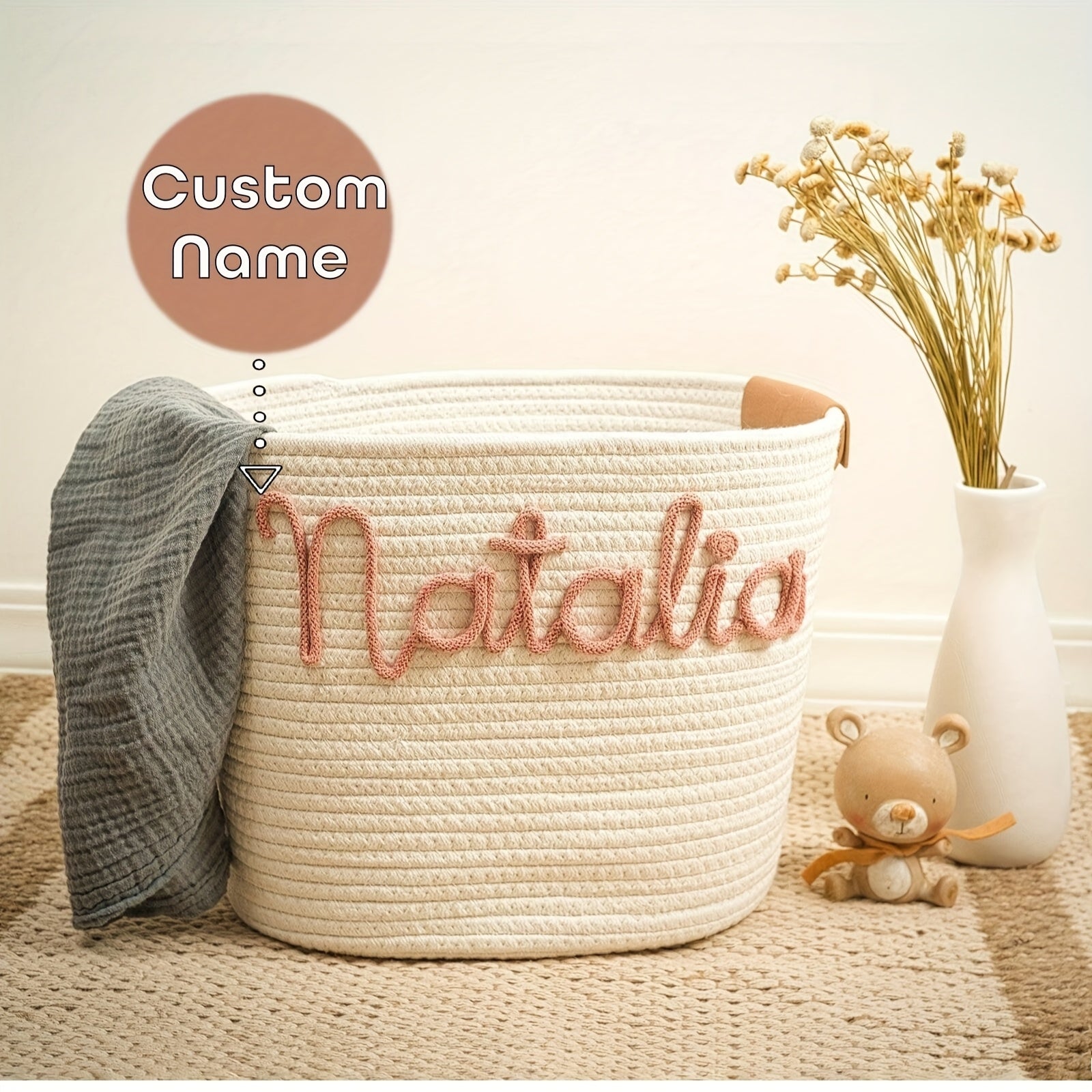 Customizable Woven Storage Basket with Rope Handles – Personalized Decorative Organizer for Laundry, Toys, and Home Decor – Perfect Gift for Any Occasion, Laundry Basket, Shelf Baskets