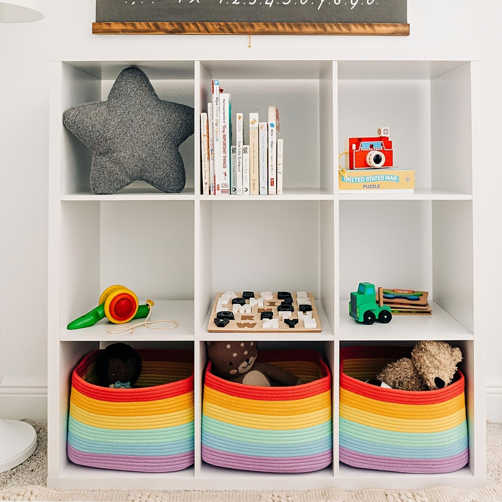 Bohemian Rainbow Striped Fabric Storage Basket with Handles - Multi-Color Decorative Organizer for Toys, Laundry, Blankets - Durable & Stylish Home Decor for Living Room, Bedroom,, Bedroom Tidy Solution, Laundry Baskets