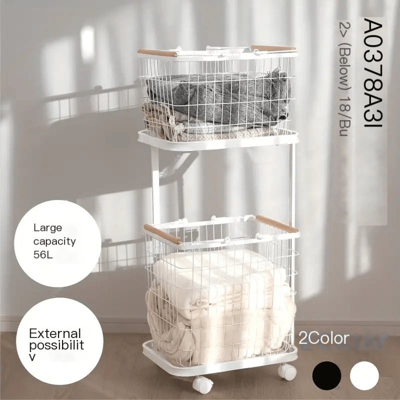 Self standing laundry storage basket with compartments and movable rollers