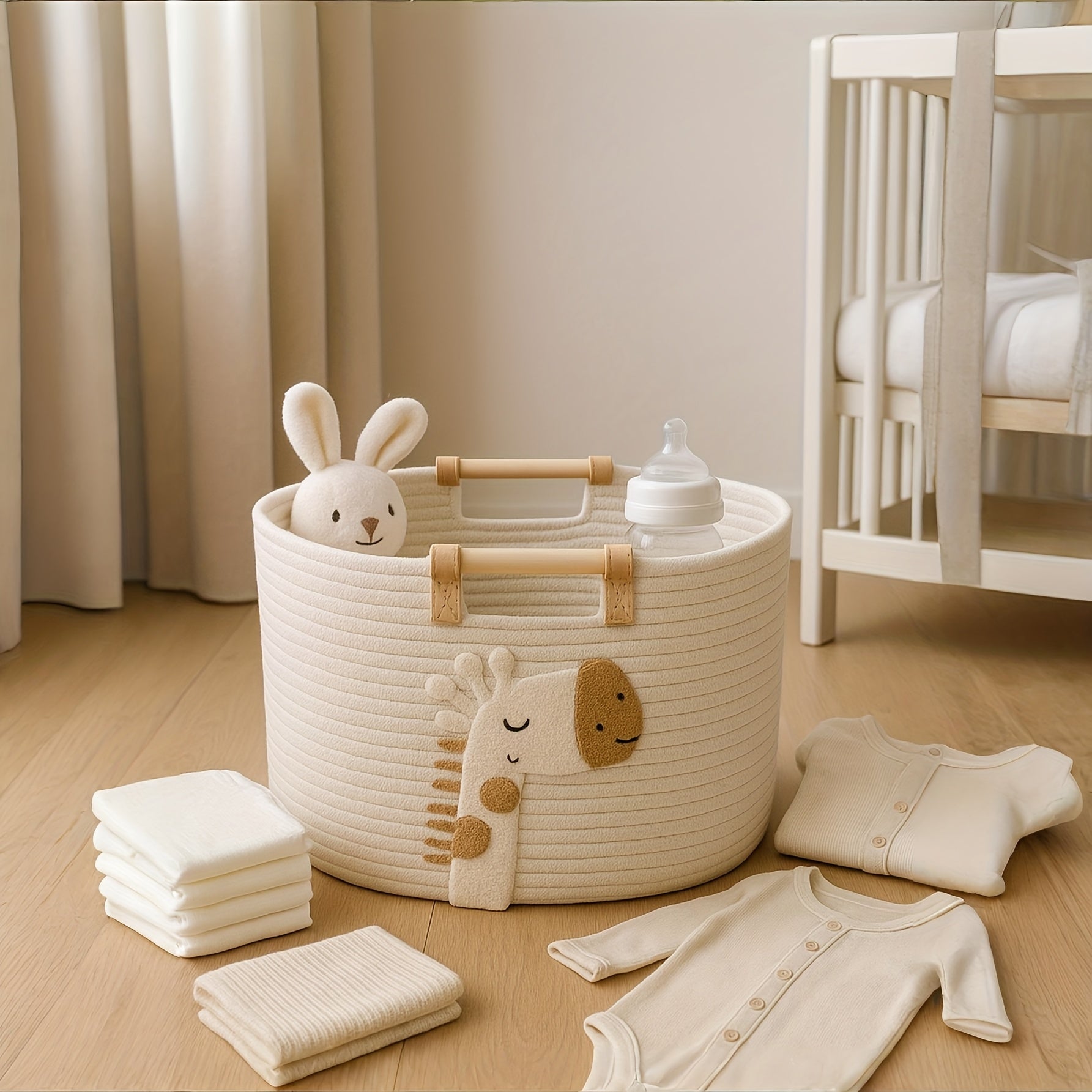 1pc Cute Animal Pattern Nursery Storage Basket with Handles, Embroidered Animal Pattern Decorative Storage Basket, Multifunctional Storage Basket, Adorable Giraffe Storage Basket
