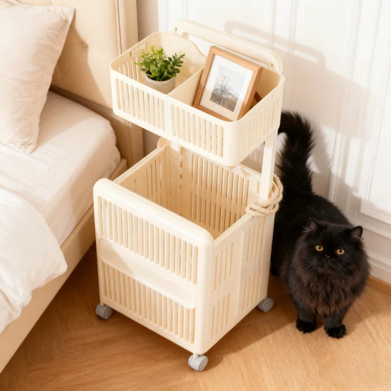 Multi-Purpose 3-Tier Foldable Storage Basket with Smooth Rolling Wheels, Durable Plastic Material for Bathroom, Kitchen & Bedroom Use – Space-Saving Design, Shelf Baskets