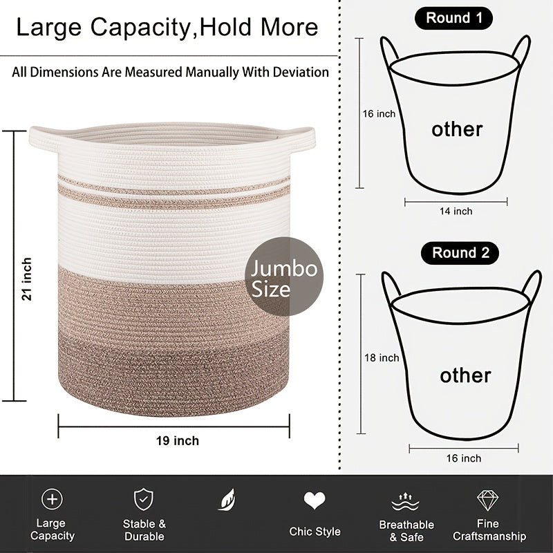Large Round Woven Storage Basket Hamper with Sturdy Handles - Extra Large 20x18in (21.13gal) or 21x19in (26.42gal) Suitable for Laundry, Toys, Blankets, Clothes Basket for, Living Room, Bedroom - Decorative Furniture Basket