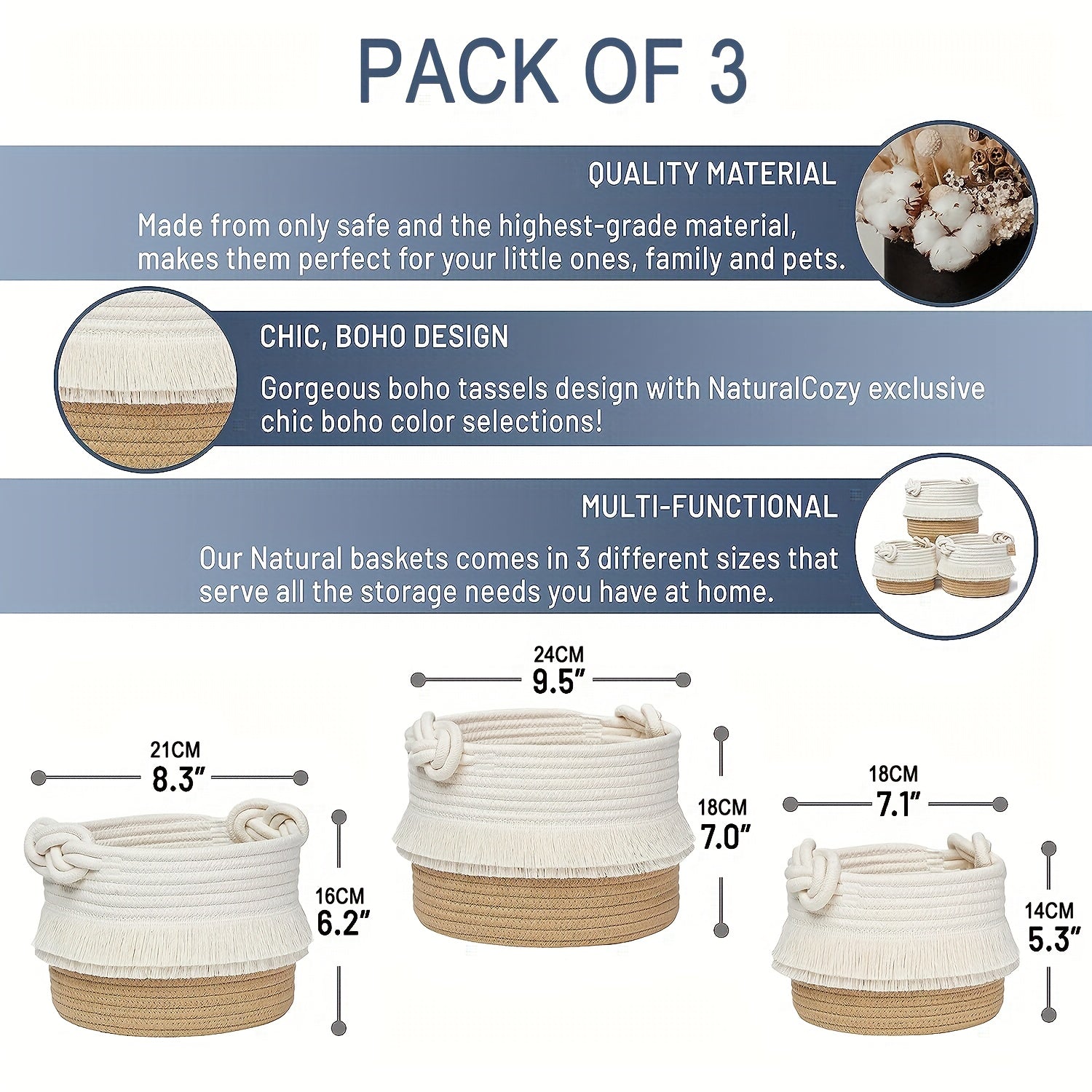 3pcs Boho Decor Storage Basket Set | Soft Polyester Woven Baskets for Organizing, Shower, Gift, Nursery, Toys - White Tassel Bin by ZUIJIA SHENGHUO