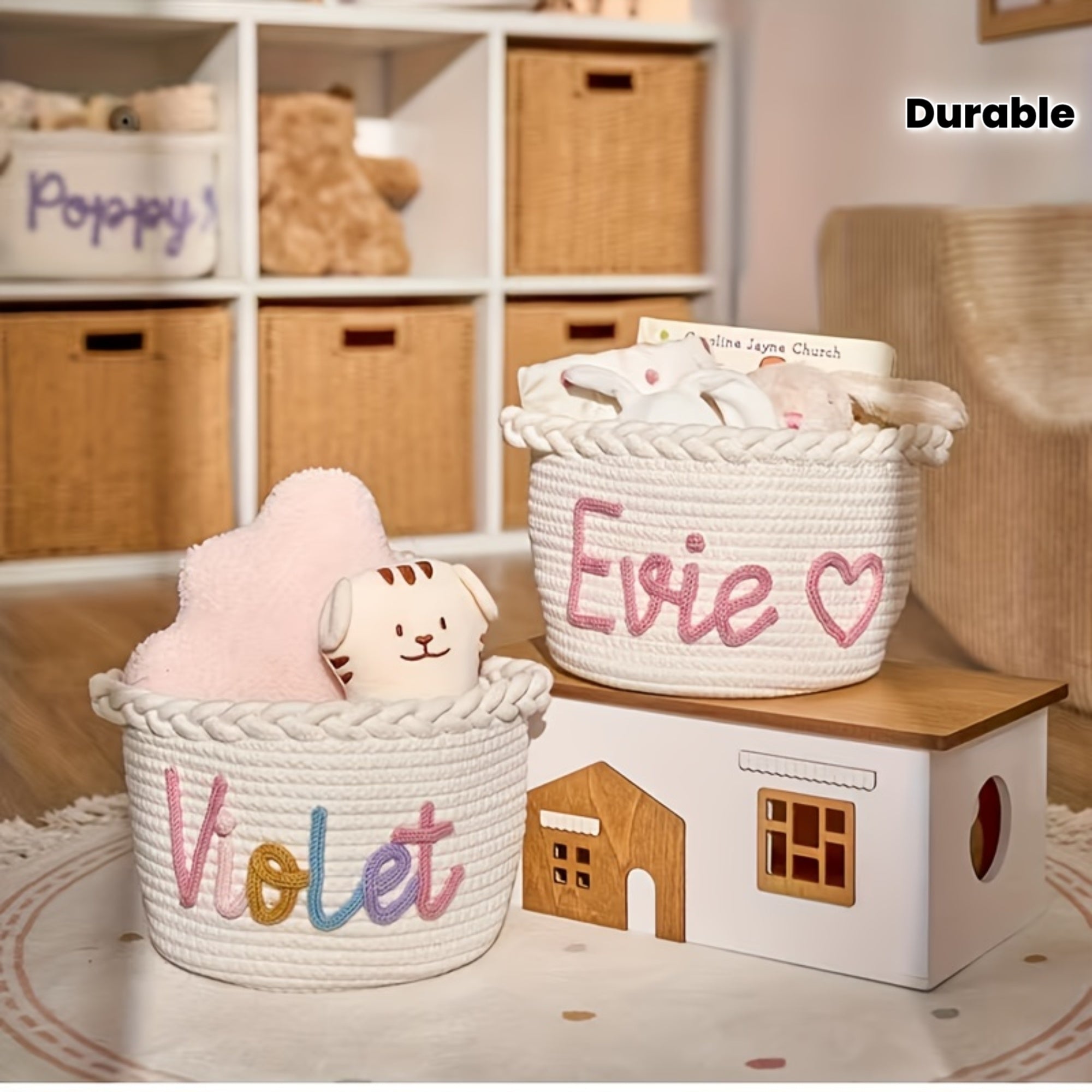 Personalized Woven Storage Basket with Name & Color - Custom Name & Color Woven Fabric Basket Suitable for Wardrobe Organization,, Gift - Durable Multi- Decorative Box, Shelf Basket, Toy Box, Storage Organizer with Open, Shelf Baskets