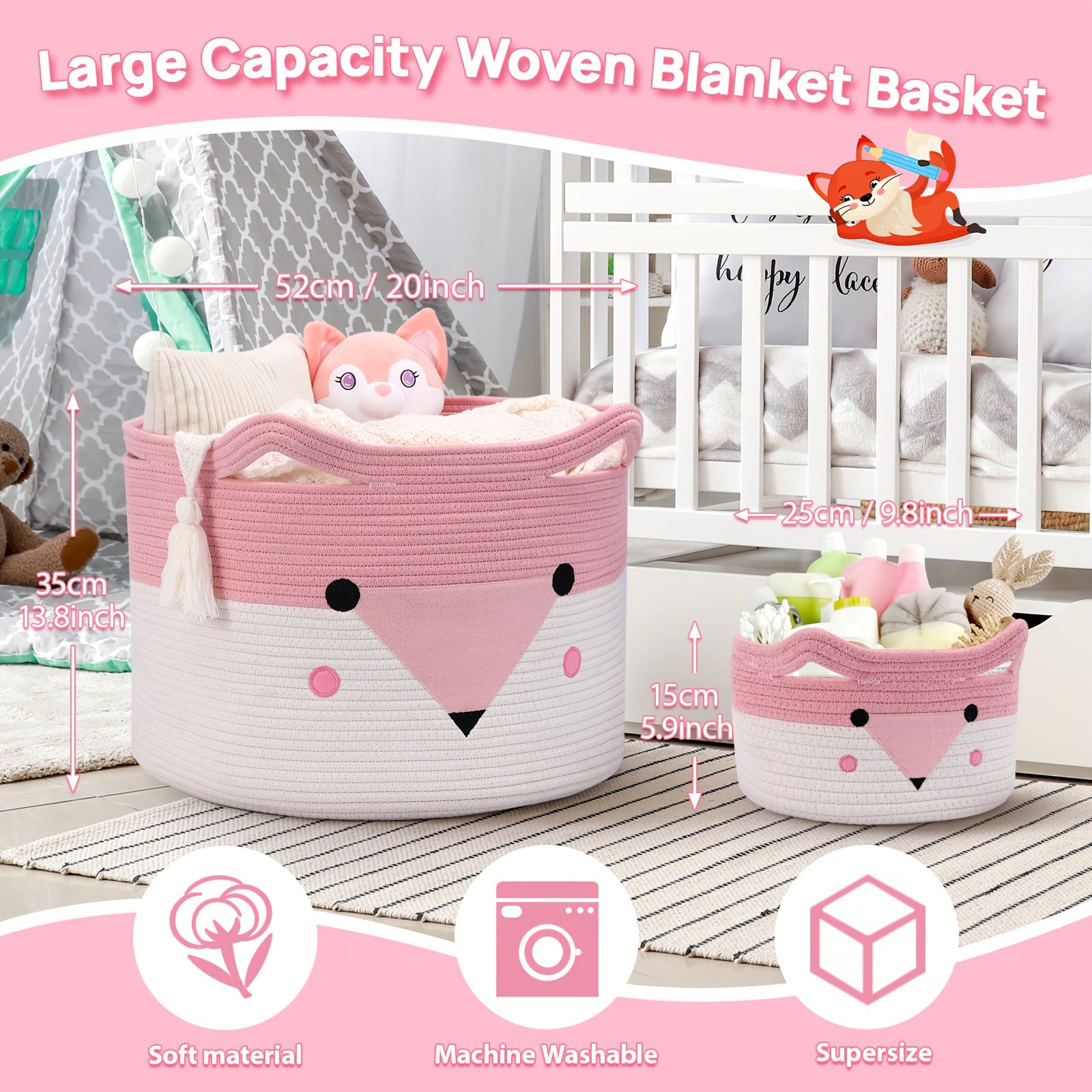 Fox Basket, Woven Storage Basket,Nursery Hamper with Handles, Orange Animal Storage Baskets for Nursery, Organizer, Cat Dog Toy Storage, Shelf Baskets