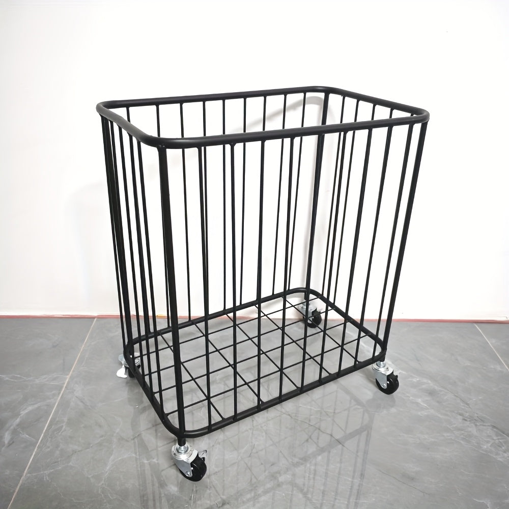 Heavy-Duty Rotating Metal Laundry Basket with 360° Spinner Wheels - Black