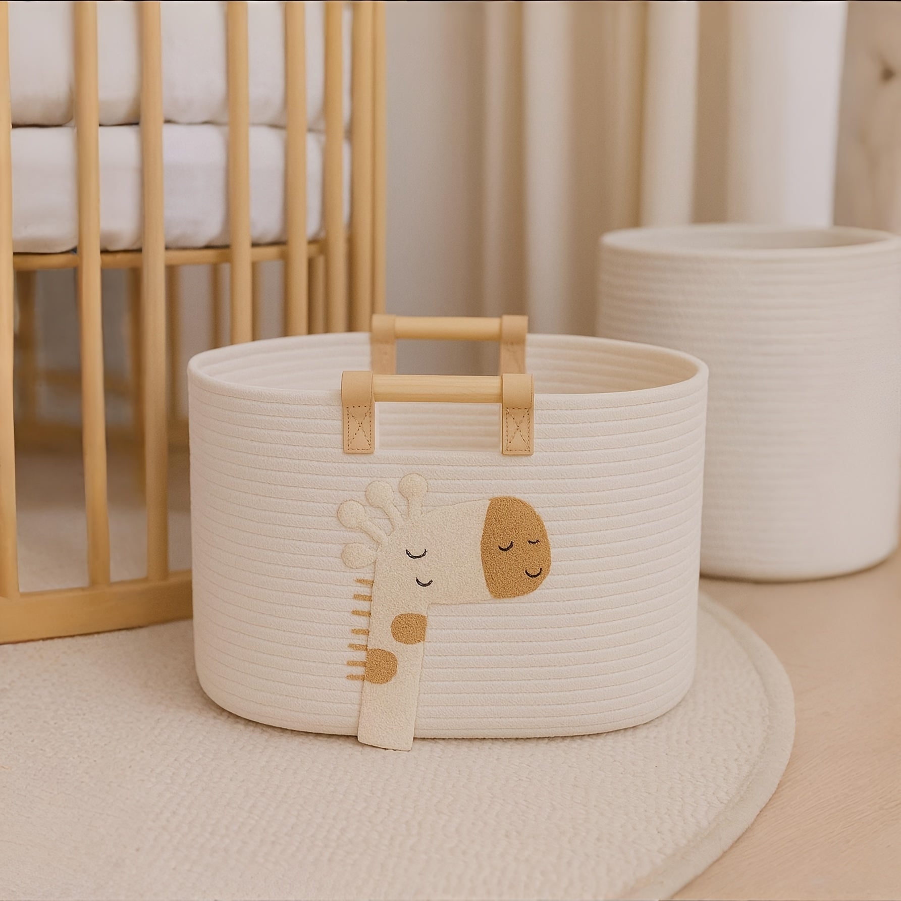 1pc Cute Animal Pattern Nursery Storage Basket with Handles, Embroidered Animal Pattern Decorative Storage Basket, Multifunctional Storage Basket, Adorable Giraffe Storage Basket