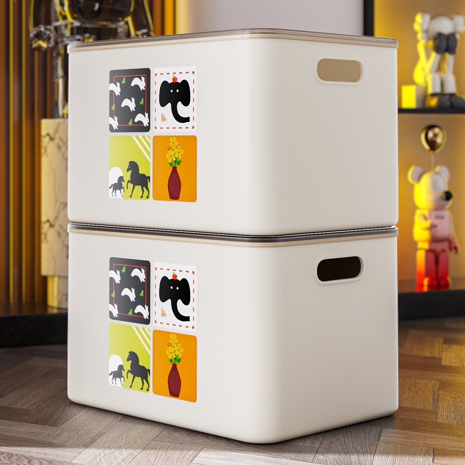Stackable Large Capacity Off-White Plastic Storage Box with Removable Cartoon Animal and Art Decor Stickers | Durable and Sturdy Cube Organizer with Built-in Side Handles and Smooth Stackable Edges, Multipurpose Foldable Container for Clothes
