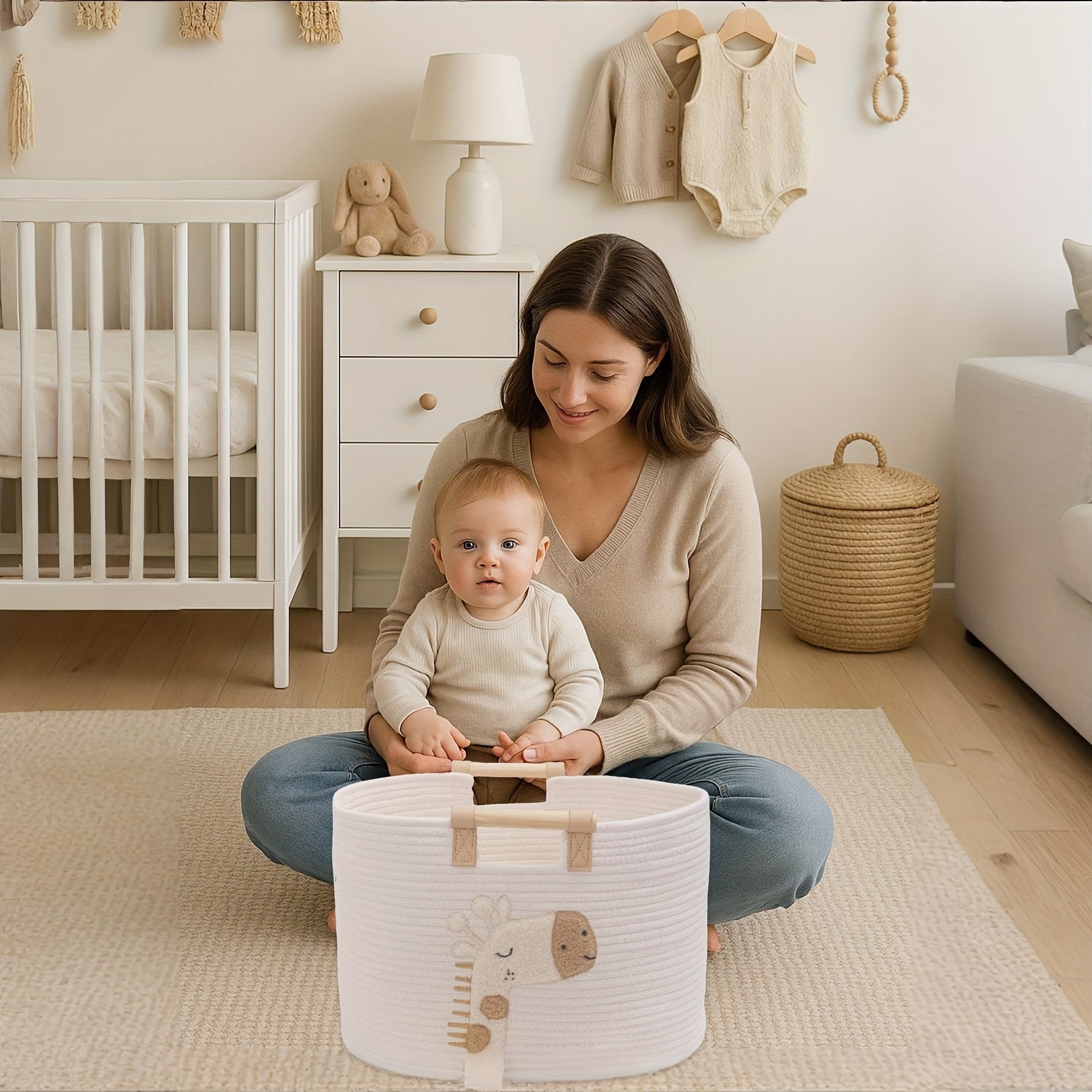 1pc Cute Animal Pattern Nursery Storage Basket with Handles, Embroidered Animal Pattern Decorative Storage Basket, Multifunctional Storage Basket, Adorable Giraffe Storage Basket