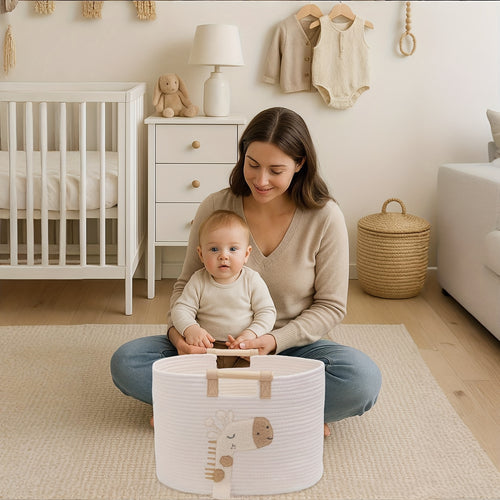 1pc Cute Animal Pattern Nursery Storage Basket with Handles, Embroidered Animal Pattern Decorative Storage Basket, Multifunctional Storage Basket, Adorable Giraffe Storage Basket