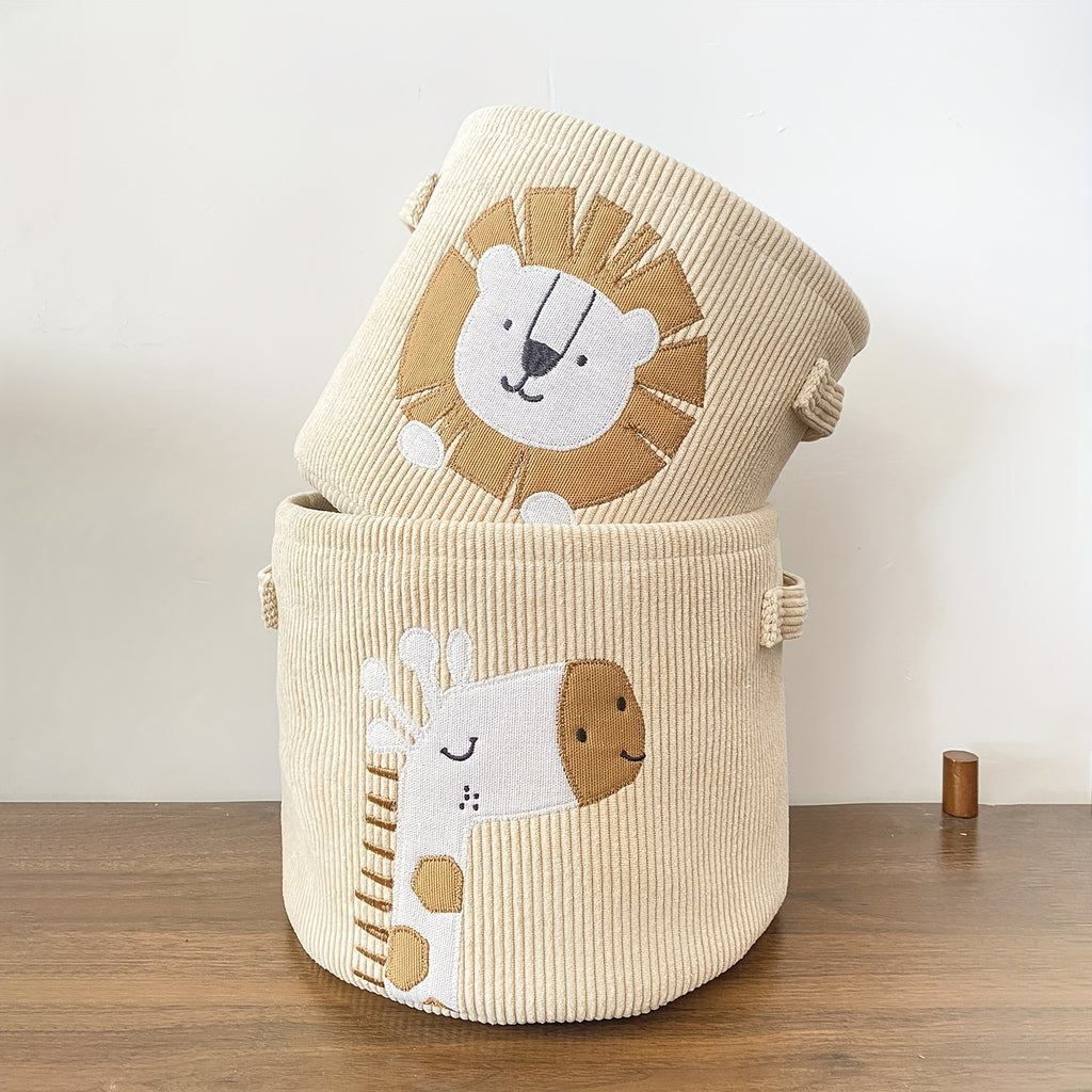 1 Large Capacity Storage Basket with Lion and Giraffe Cartoon Pattern, Fabric Foldable Laundry Hamper, Clothing Organizer Basket, Multi-functional Storage Bin for Living Room
