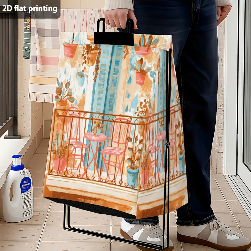 1pc Pink Iron Art Storage Basket | Foldable Laundry Hamper with Plant and Chair Pattern