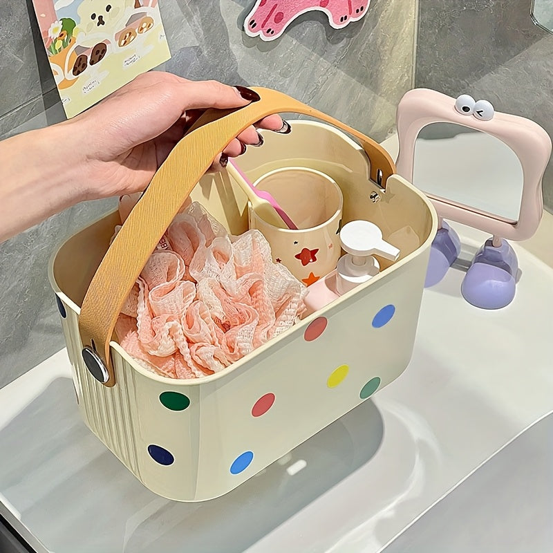 1pc Colorful Polka Dot Plastic Storage Basket with Handle - Lightweight, Wall-Mountable Organizer for Bathroom, Kitchen & Dorm Essentials, Bathroom Organizers And Storage, Toiletry Holder, Playful Design, Drainage Design, Lightweight Organizer