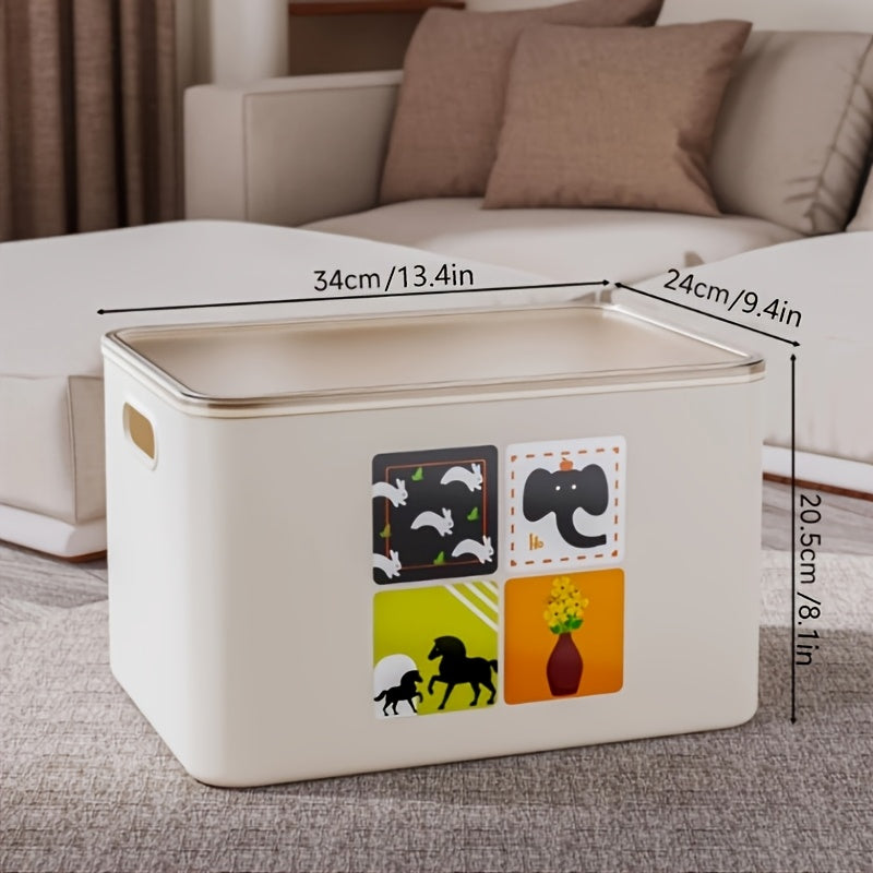 Stackable Large Capacity Off-White Plastic Storage Box with Removable Cartoon Animal and Art Decor Stickers | Durable and Sturdy Cube Organizer with Built-in Side Handles and Smooth Stackable Edges, Multipurpose Foldable Container for Clothes