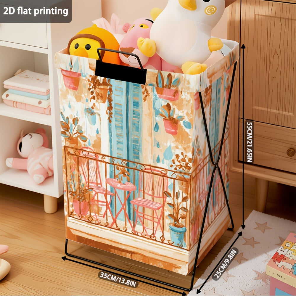 1pc Pink Iron Art Storage Basket | Foldable Laundry Hamper with Plant and Chair Pattern