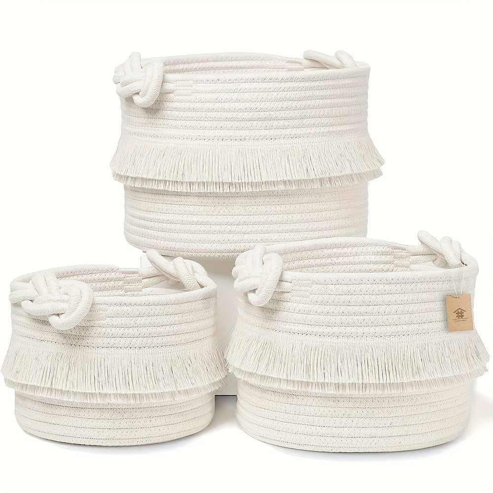 3pcs Boho Decor Storage Basket Set | Soft Polyester Woven Baskets for Organizing, Shower, Gift, Nursery, Toys - White Tassel Bin by ZUIJIA SHENGHUO