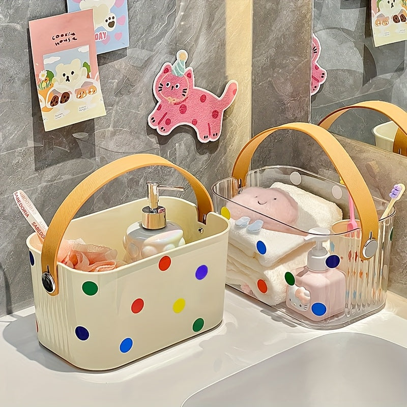 1pc Colorful Polka Dot Plastic Storage Basket with Handle - Lightweight, Wall-Mountable Organizer for Bathroom, Kitchen & Dorm Essentials, Bathroom Organizers And Storage, Toiletry Holder, Playful Design, Drainage Design, Lightweight Organizer