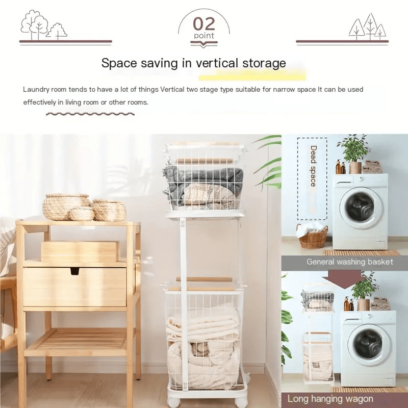 Self standing laundry storage basket with compartments and movable rollers