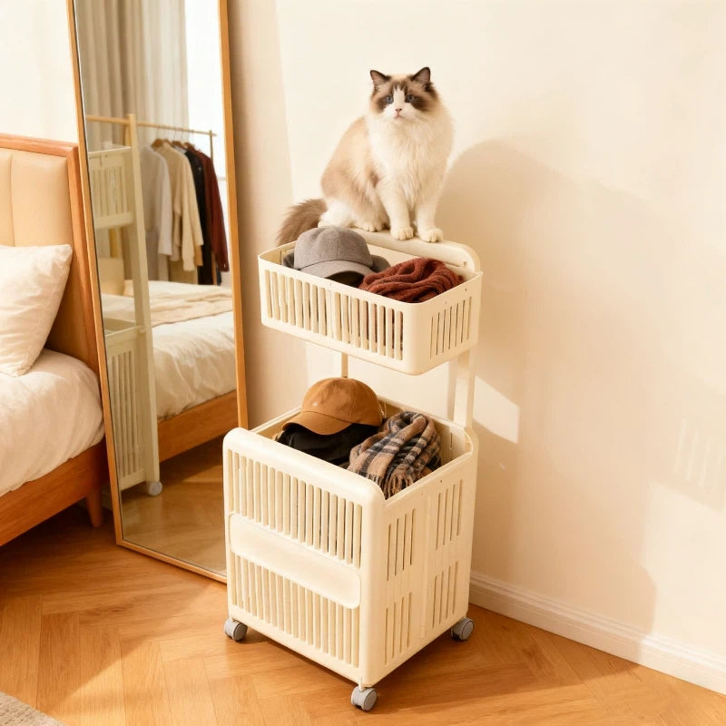 Multi-Purpose 3-Tier Foldable Storage Basket with Smooth Rolling Wheels, Durable Plastic Material for Bathroom, Kitchen & Bedroom Use – Space-Saving Design, Shelf Baskets