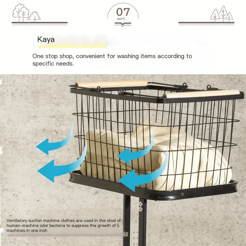 Self standing laundry storage basket with compartments and movable rollers