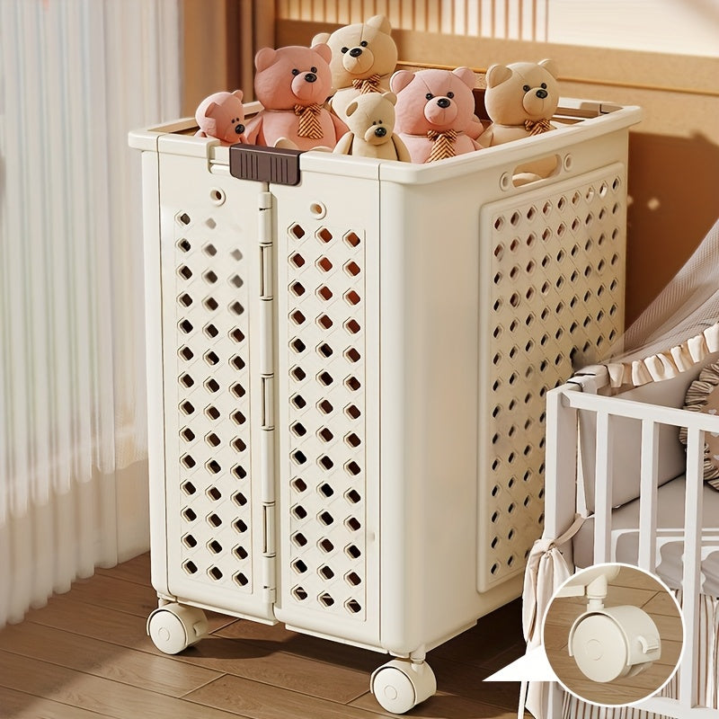 1pc Large Capacity Foldable Storage Basket - Removable Storage Basket, Multifunctional Home Bathroom Laundry Basket - with Wheels for Easy Movement, Home Organizing Storage Basket, Suitable for Living Room Organizing, Bathroom, White