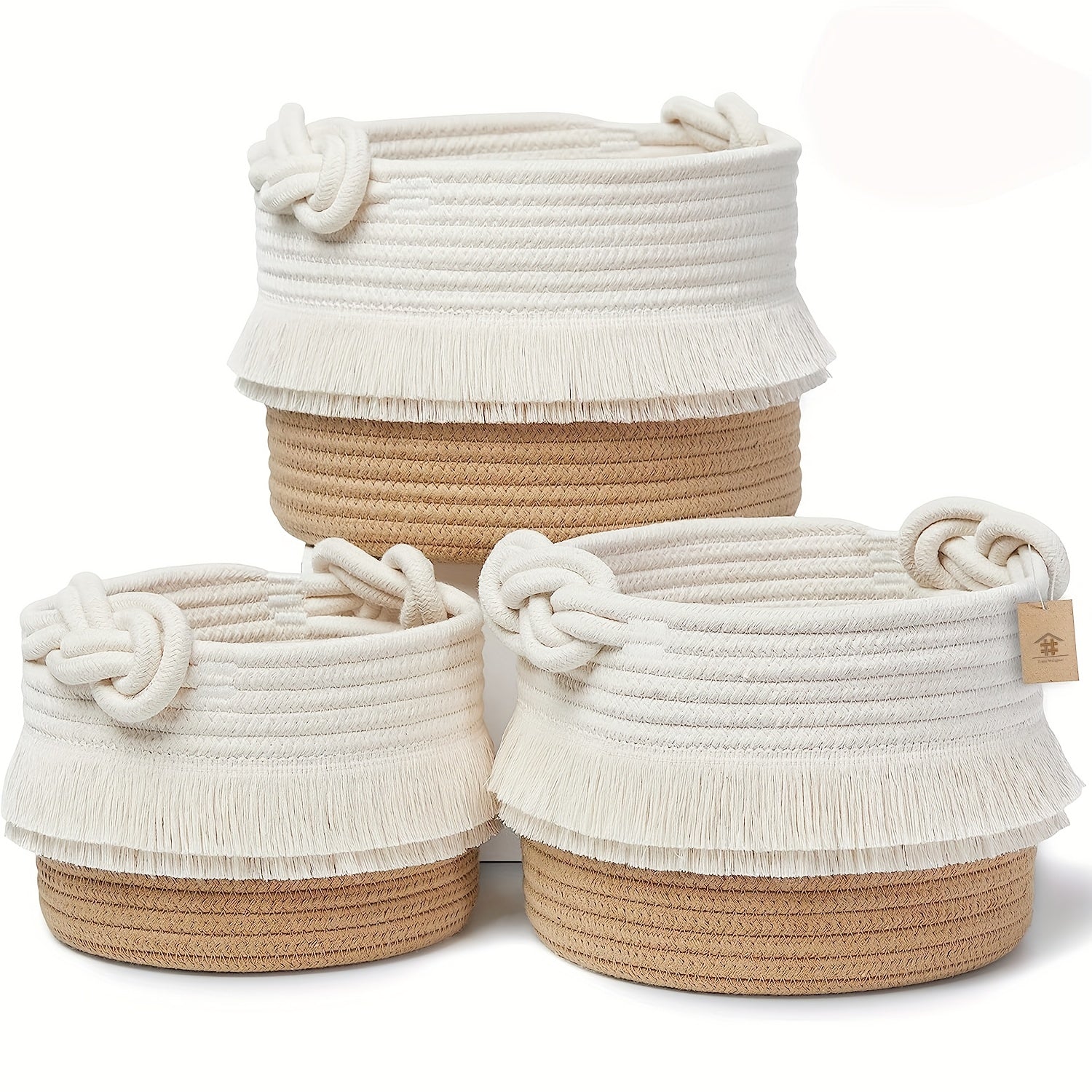 3pcs Boho Decor Storage Basket Set | Soft Polyester Woven Baskets for Organizing, Shower, Gift, Nursery, Toys - White Tassel Bin by ZUIJIA SHENGHUO