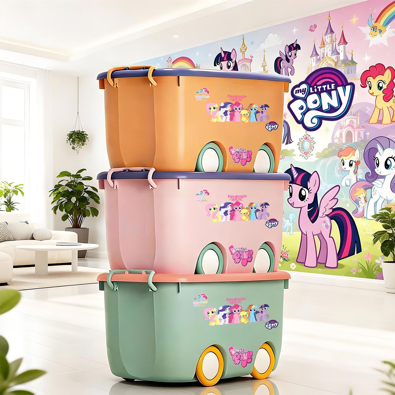 MY LITTLE PONY Stackable Storage Box | Durable Plastic, Odorless, Sealed with Side Clips, Wheeled for Easy Movement, Dustproof and Moisture-Resistant, Ideal for Home Organization