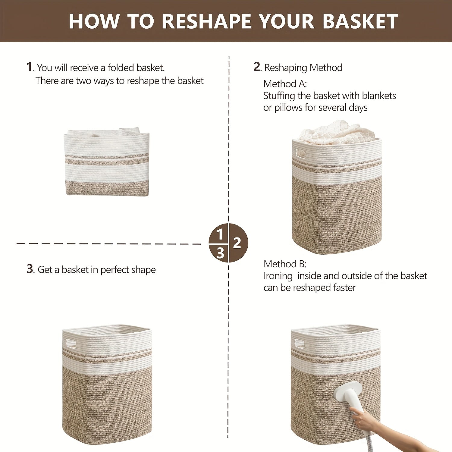 1-2pcs Laundry Hamper - Cube Laundry Basket, Tall Storage Basket with Handles, Decorative Blanket Basket for Living Room, Collapsible Large Toy Basket for Storage, Pillows, Clothes - Grey & Brown & Black, Shelf Baskets