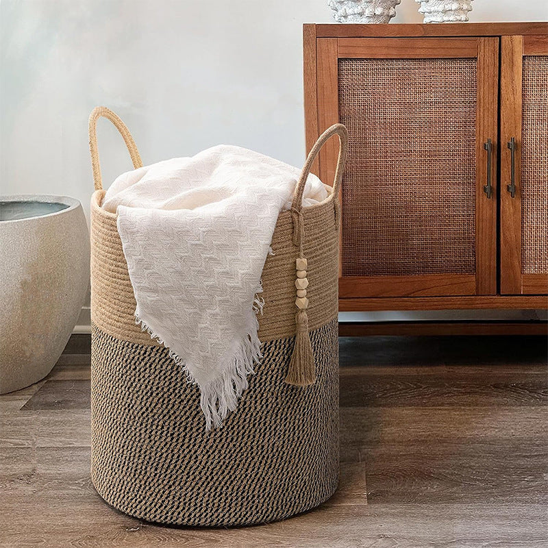 Hemp Rope Storage Basket with High Round Handle - Modern Zen Style Fabric Organizer for Home, Underwear, and Miscellaneous Items, Durable & Stylish Design, Shelf Baskets