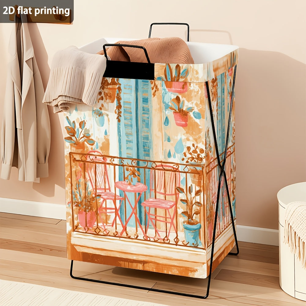 1pc Pink Iron Art Storage Basket | Foldable Laundry Hamper with Plant and Chair Pattern