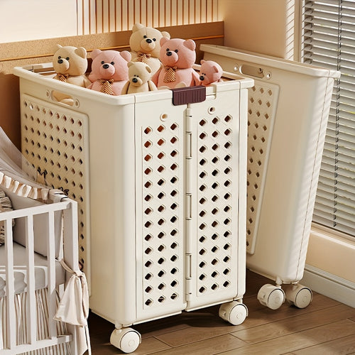 1pc Large Capacity Foldable Storage Basket - Removable Storage Basket, Multifunctional Home Bathroom Laundry Basket - with Wheels for Easy Movement, Home Organizing Storage Basket, Suitable for Living Room Organizing, Bathroom, White