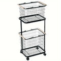 Self standing laundry storage basket with compartments and movable rollers