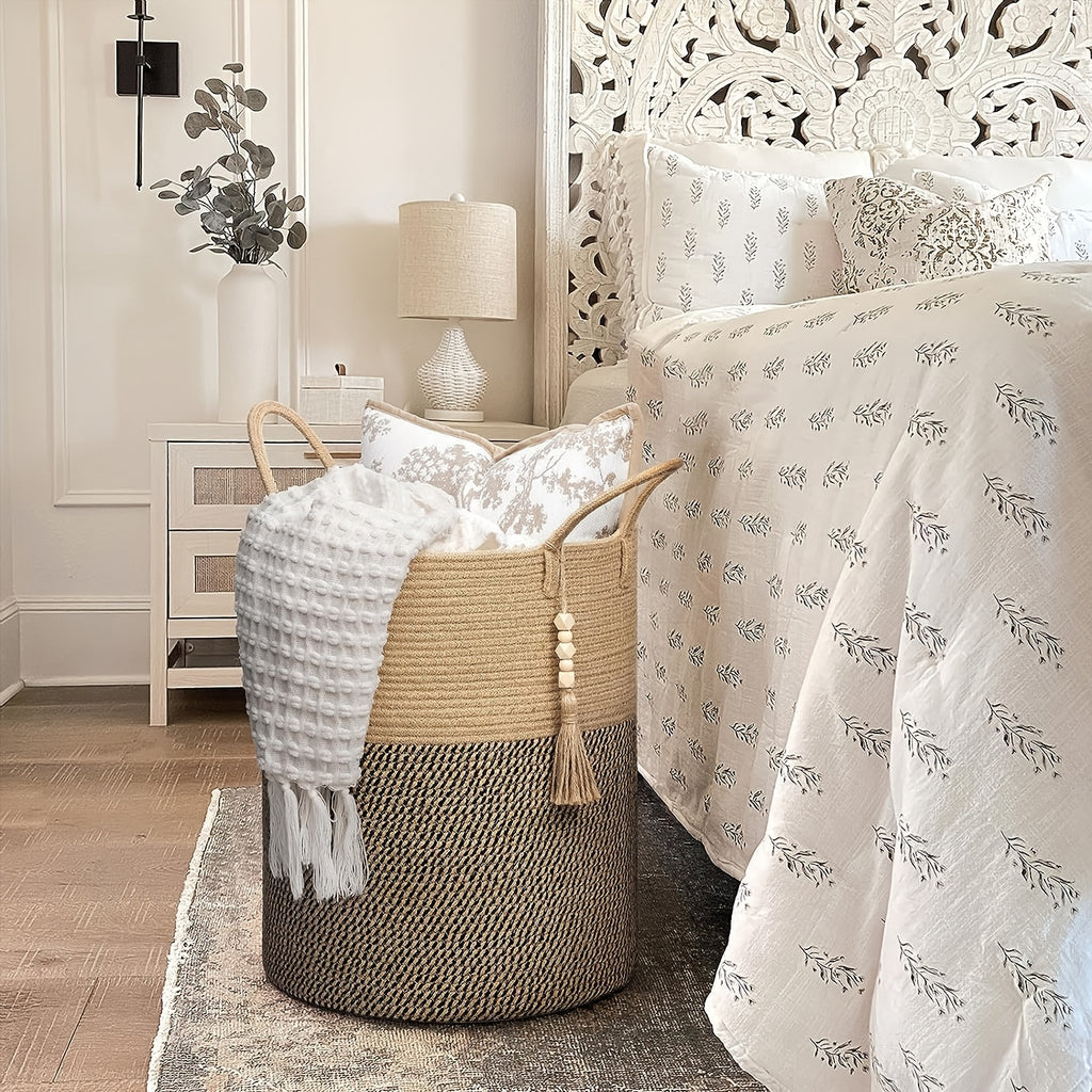 Hemp Rope Storage Basket with High Round Handle - Modern Zen Style Fabric Organizer for Home, Underwear, and Miscellaneous Items, Durable & Stylish Design, Shelf Baskets