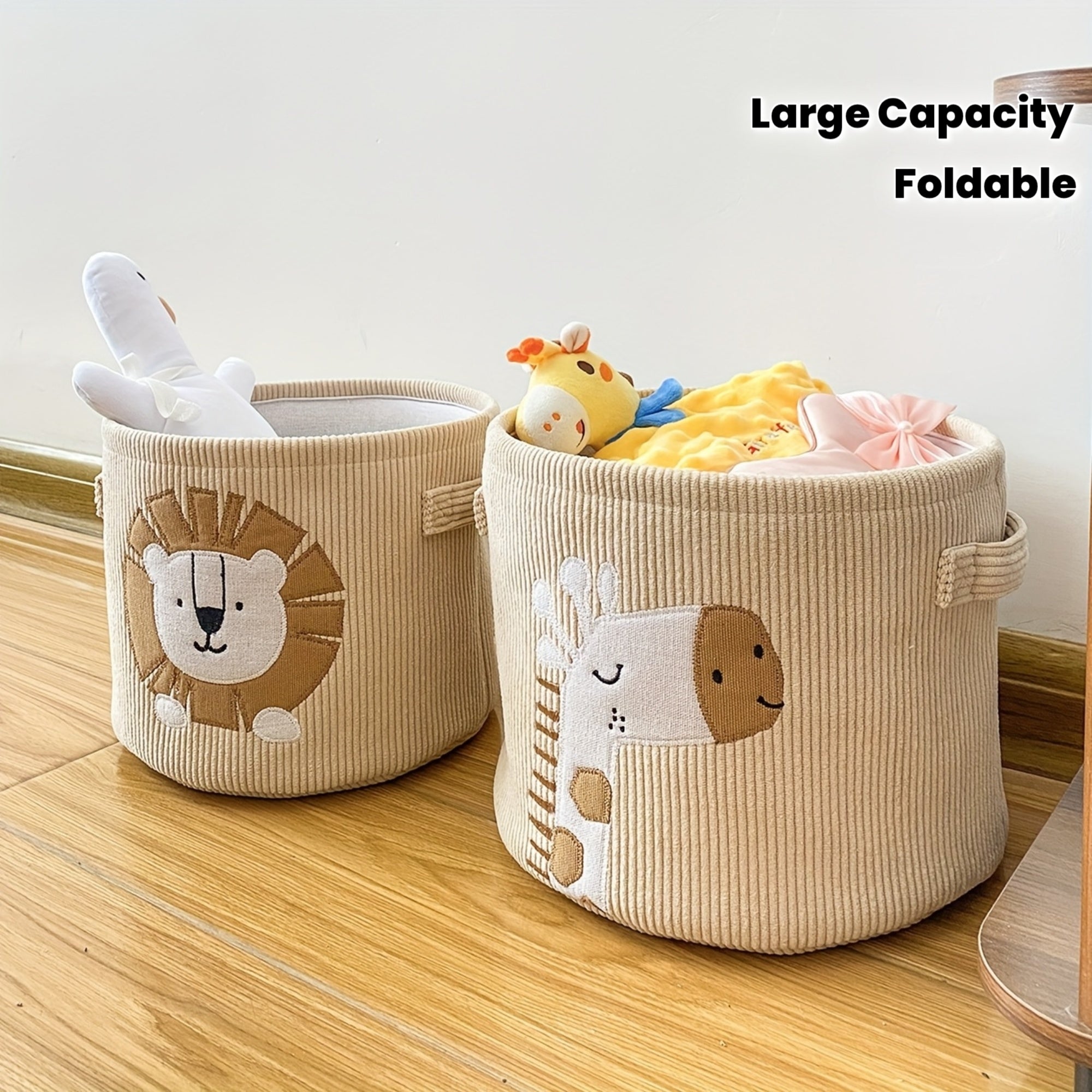 1 Large Capacity Storage Basket with Lion and Giraffe Cartoon Pattern, Fabric Foldable Laundry Hamper, Clothing Organizer Basket, Multi-functional Storage Bin for Living Room
