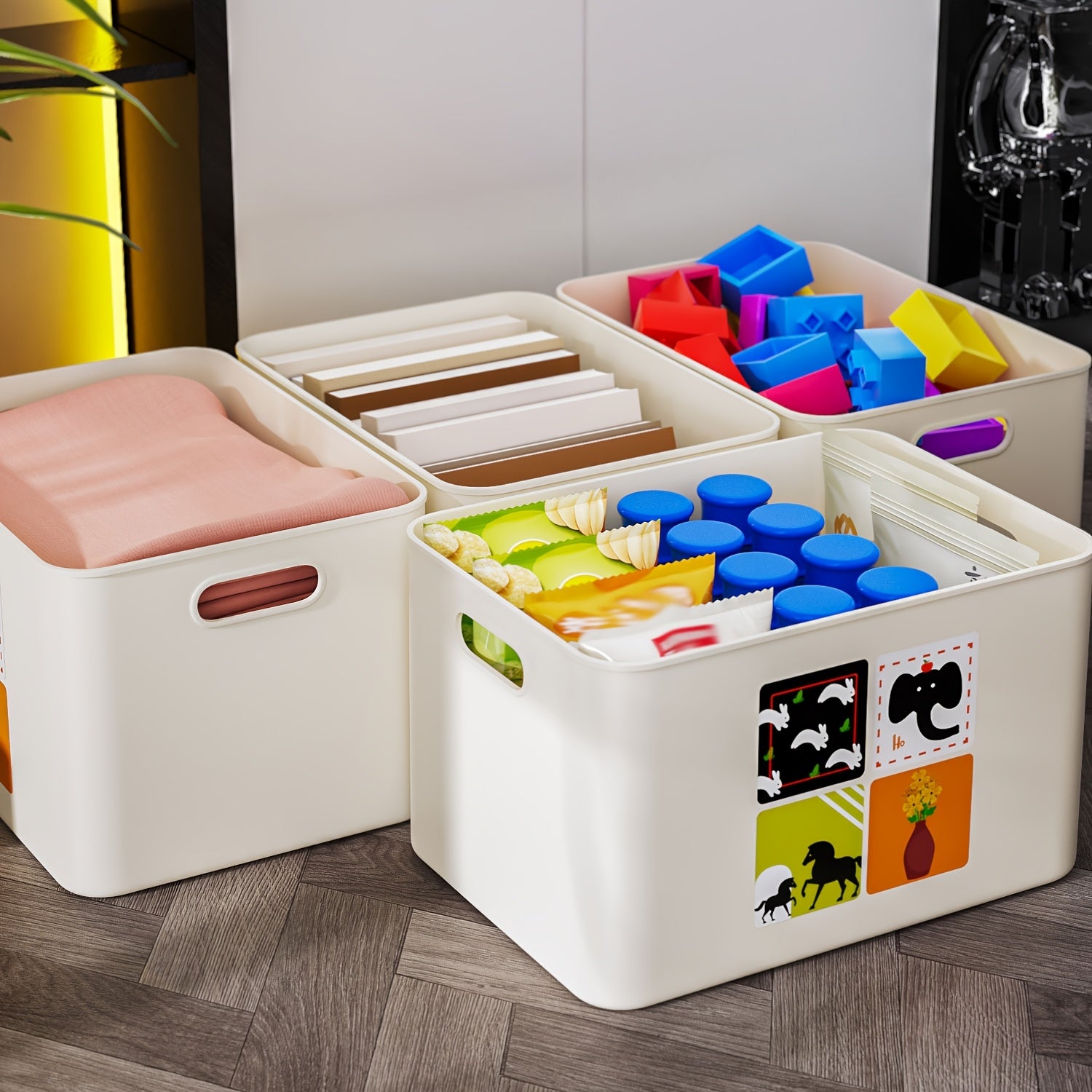 Stackable Large Capacity Off-White Plastic Storage Box with Removable Cartoon Animal and Art Decor Stickers | Durable and Sturdy Cube Organizer with Built-in Side Handles and Smooth Stackable Edges, Multipurpose Foldable Container for Clothes