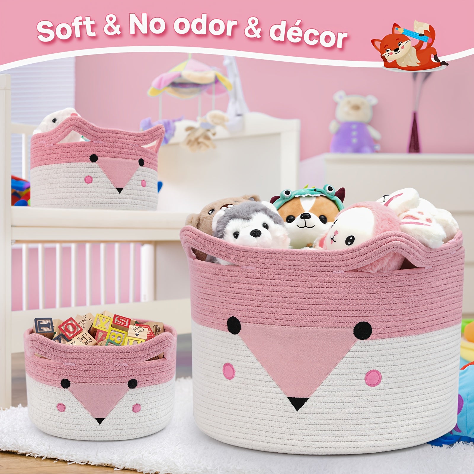 Fox Basket, Woven Storage Basket,Nursery Hamper with Handles, Orange Animal Storage Baskets for Nursery, Organizer, Cat Dog Toy Storage, Shelf Baskets