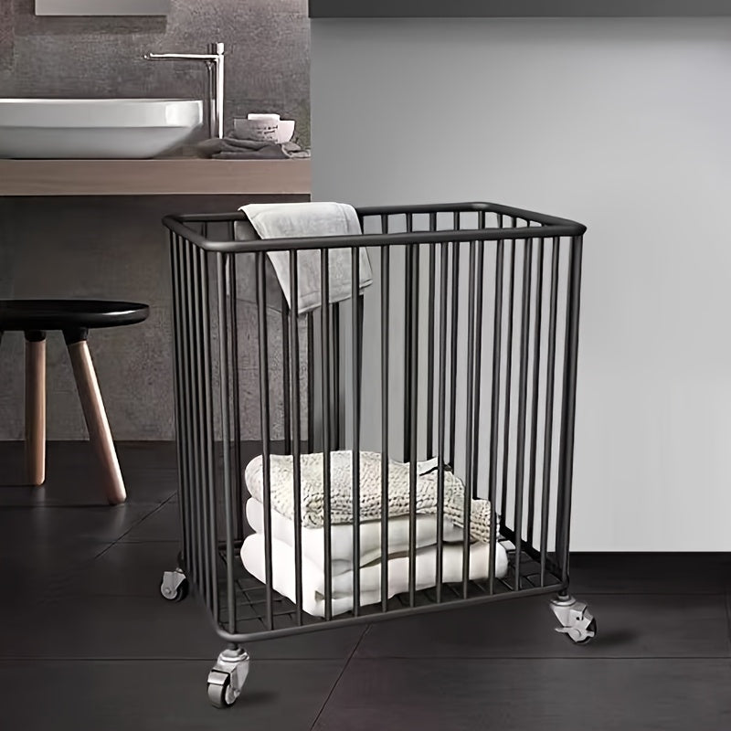 Heavy-Duty Rotating Metal Laundry Basket with 360° Spinner Wheels - Black